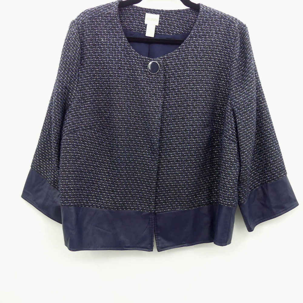 Chicos Shimmer Tweed Wool Jacket Size 3 XL Blue Faux Leather Trim Event Cocktail